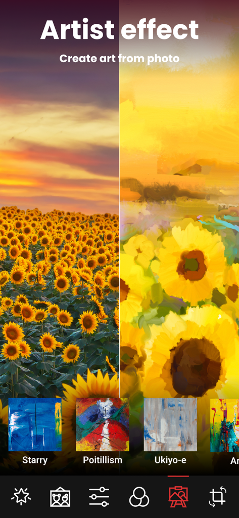 Enhance it - AI Photo Editor - Una pantalla dividida que muestra una foto real de un campo de girasoles transformada en una pintura artística usando filtros de IA.