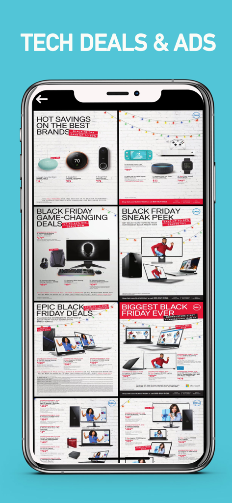 Cyber Monday 2025 ads & deals - 様々なブラックフライデーおよびサイバーマンデーのテックセールと製品広告を表示するスマートフォンの画面
