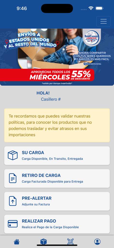 SerCargo Logistics - SerCargo Logistics mobile app home screen showing a promotional banner and menu options for cargo tracking, withdrawals, pre-alerts, and payments in Spanish.