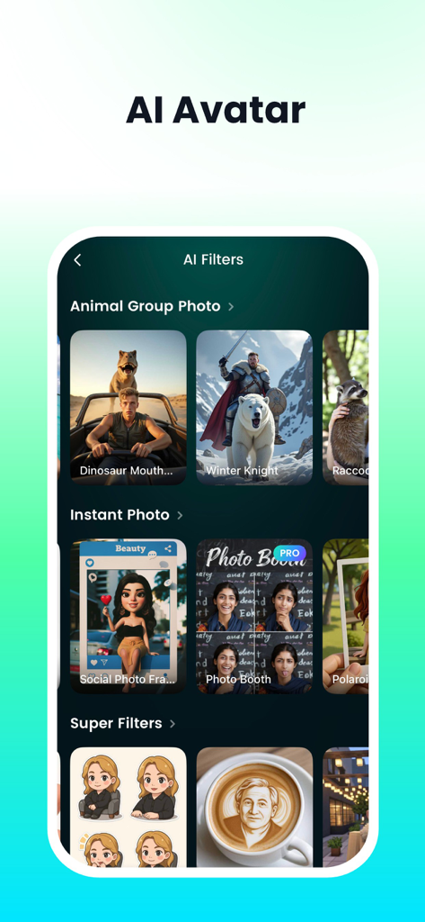 DreamFace: AI Video Generator - Selection of AI filters in the DreamFace app featuring various artistic styles and character transformations.