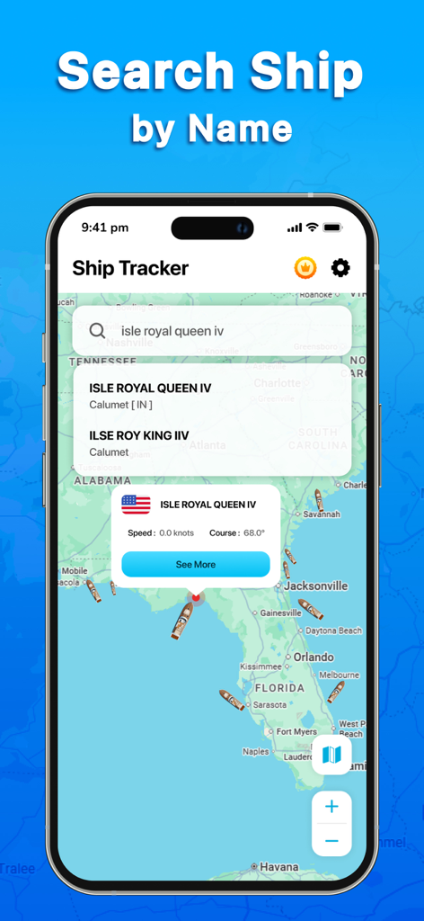Interfaz de la aplicación Ship Tracker mostrando una búsqueda de embarcaciones por nombre en un mapa marino