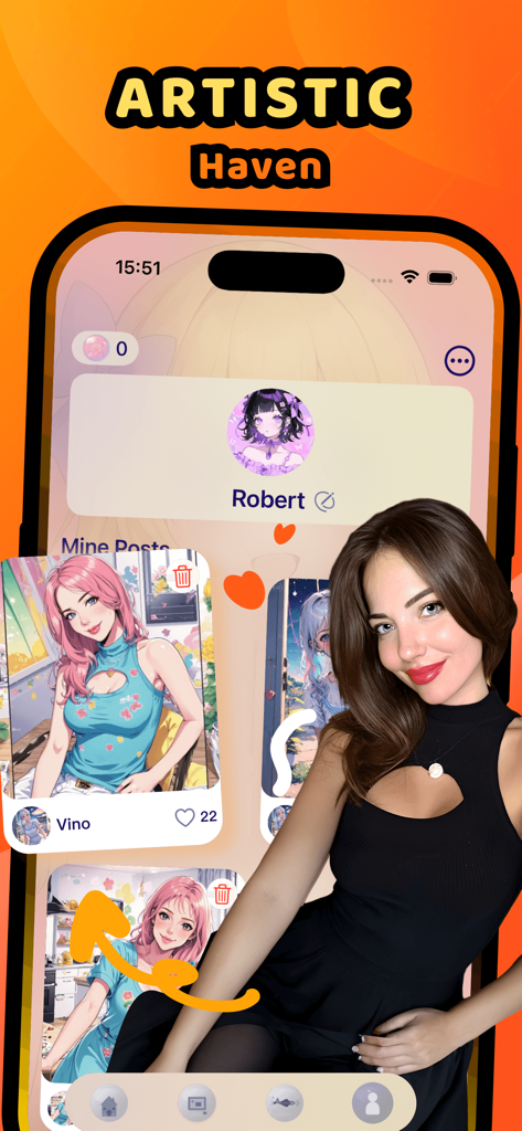 Vino - Create Anime Dreams - Captura de pantalla de la aplicación Vino mostrando un perfil de usuario con publicaciones de anime generadas por IA