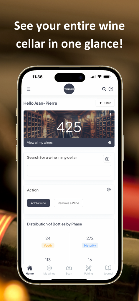 Viniou – Wine Cellar Manager - Viniou app home screen showing a wine cellar inventory overview with bottle counts and aging phases