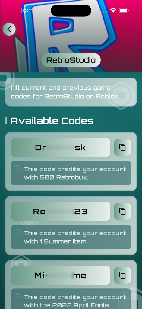 Loto Points – Spin & Rewards - A screen in the Loto Points app displaying a list of available promo codes for the Roblox game RetroStudio.