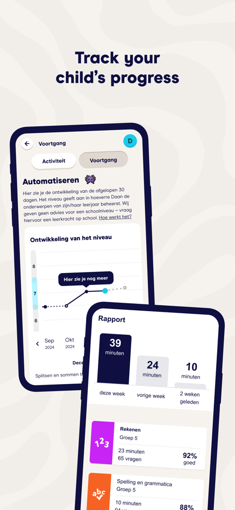 Squla - Fun learning - Mobile app interface showing child learning progress reports with time spent and subject performance charts