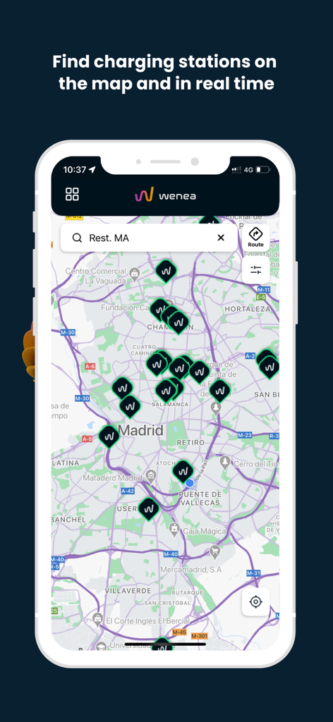 Wenea - Captura de pantalla de la aplicación Wenea que muestra puntos de recarga de VE en un mapa de Madrid