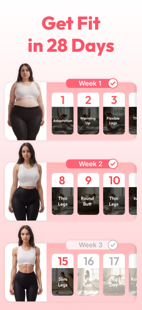 SheFit: Home Workout for Women - A 28-day home workout plan for women displaying body transformation progress across three weeks