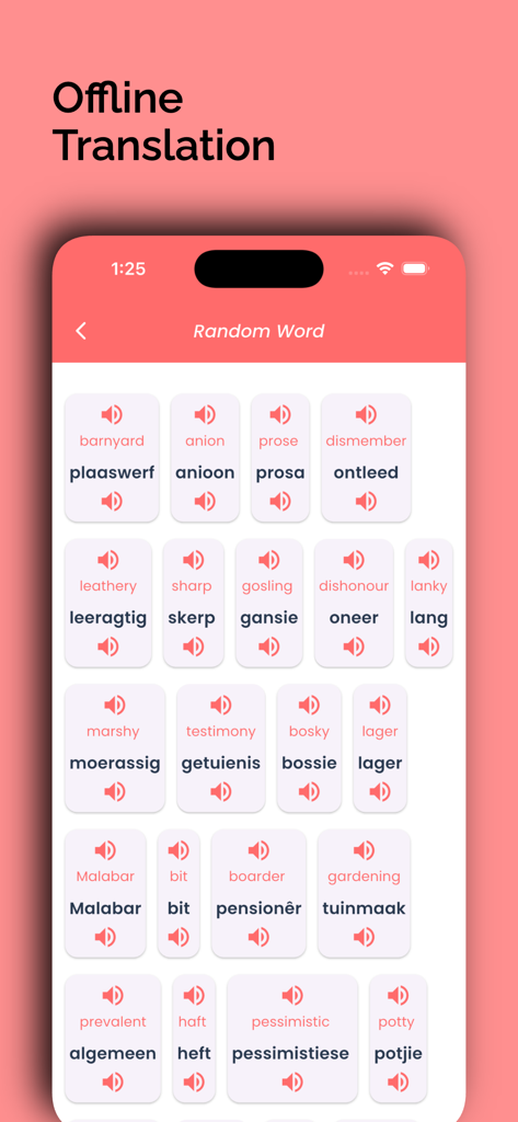 Afrikaans Translator Offline - A screenshot of the Afrikaans Translator Offline app showing a grid of random English words and their Afrikaans translations with audio pronunciation buttons.