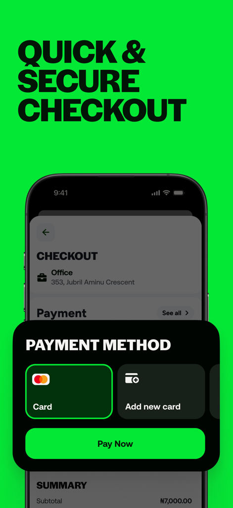 SAMU - Food Delivery - The SAMU food delivery app interface showing a quick and secure checkout screen with credit card payment options and a pay now button.