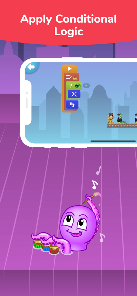 Tynker Junior app screenshot displaying visual coding blocks for conditional logic and a cartoon octopus playing drums