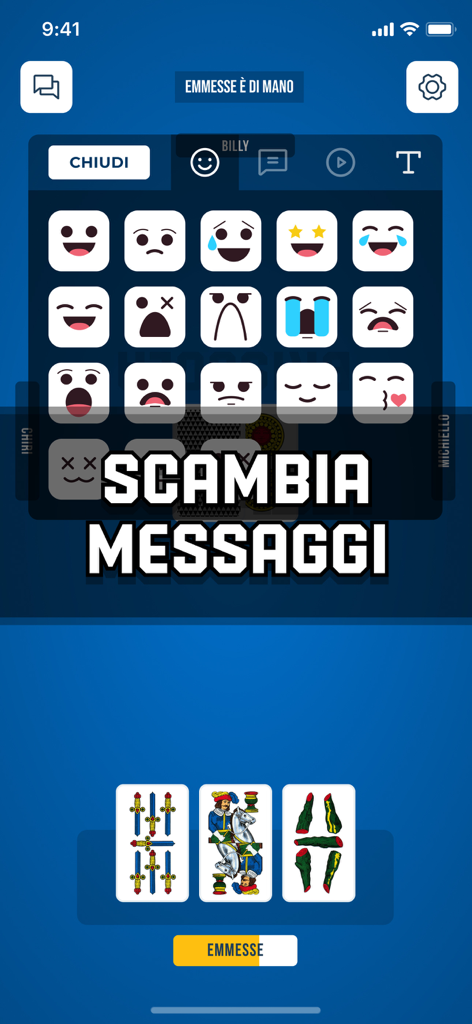 In-game screenshot of Briscola SUPER! showing an overlay of emoji reactions and traditional Italian playing cards.