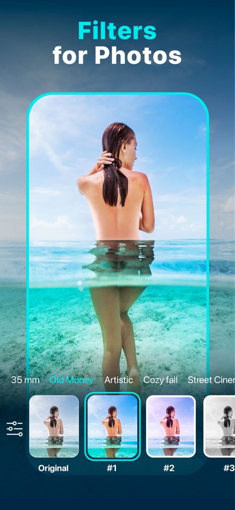 App Presets for Lightroom - Oberfläche der App-Voreinstellungen für Lightroom, die eine Frau im Wasser mit verschiedenen ästhetischen Filteroptionen wie Old Money und Artistic zeigt