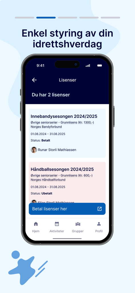 Min idrett - The licenses screen of the Min idrett app showing payment status for floorball and handball memberships.