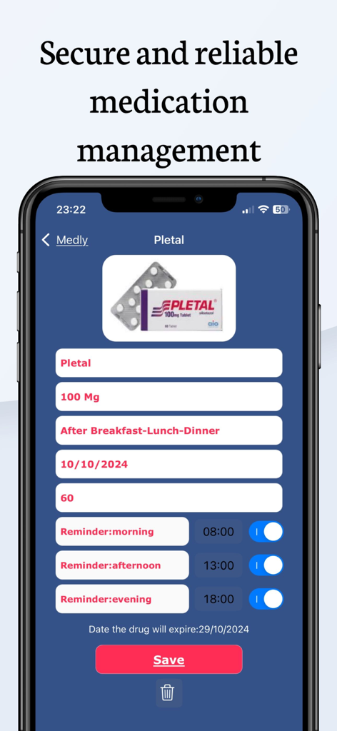 Medly・Medicine Reminder・Alarm - Interfaz de la aplicación Medly que muestra configuraciones detalladas de medicamentos y recordatorios de alarma diarios para Pletal