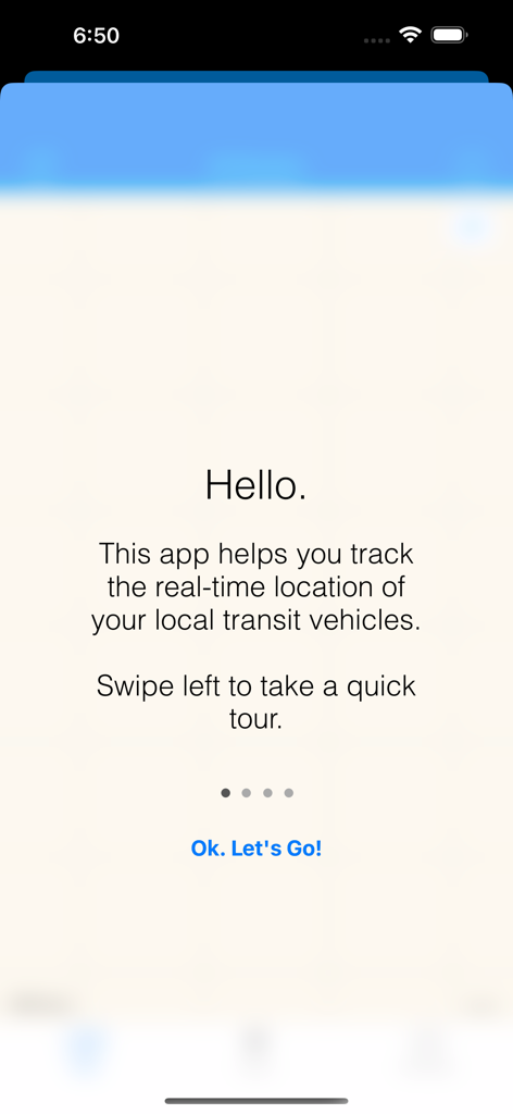 OCMD Beach Bus - Welcome screen for the OCMD Beach Bus app showing real time tracking description