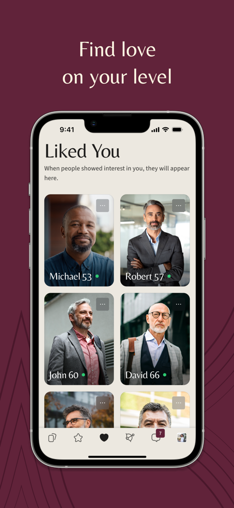EliteSingles: Elevated Dating - Interfaz de la aplicación EliteSingles mostrando perfiles de profesionales maduros en la sección "Te Gustó"