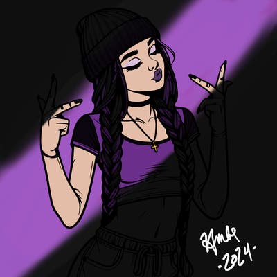 realistic teenage girl with braids and a beanie and crop top doing 🫶🏼