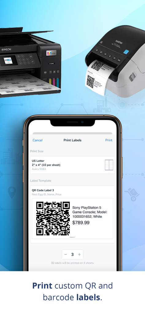 Pantalla de smartphone que muestra la creación e impresión de etiquetas de códigos QR personalizadas para la gestión de inventario
