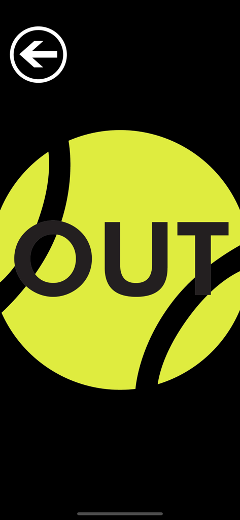 2 B Fast Pro - Visual training screen showing a yellow tennis ball with the word OUT for reaction speed practice