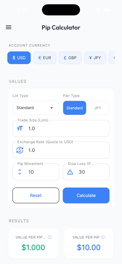 Tela da Calculadora de Pips no aplicativo Calculadoras Forex Offline mostrando tamanho da negociação e opções de moeda
