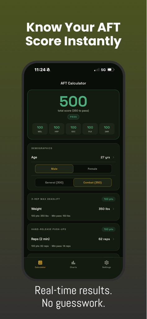 Army AFT Calculator 2026 - Army AFT Calculator app interface showing a passing fitness test score and individual event points