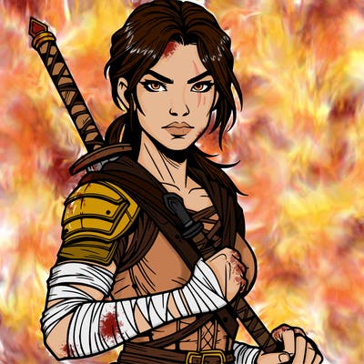 female warrior who looks fierce and strong realistic  with a weapon