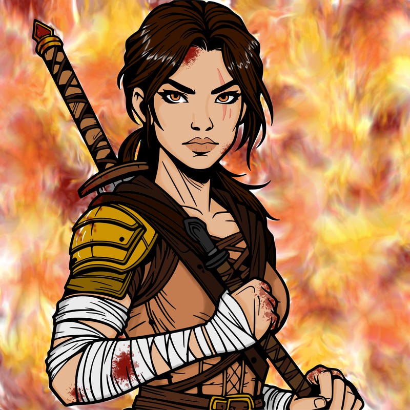 female warrior who looks fierce and strong realistic  with a weapon