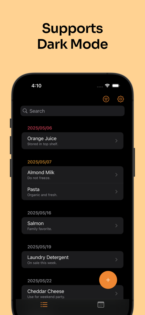 Lista de alimentos e inventario del hogar mostrada en modo oscuro en la aplicación Temporizador de Comida Gestiona Caducidades