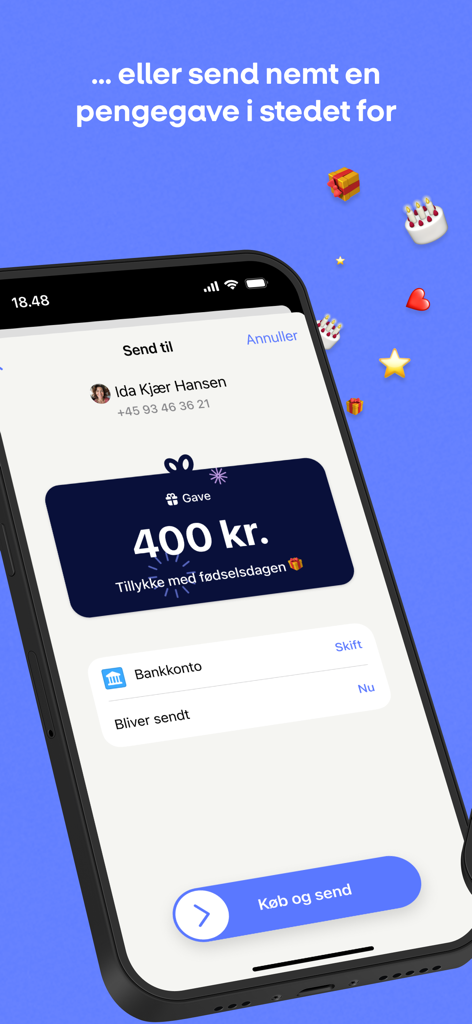 MobilePay app interface for sending a digital money gift of 400 kr with a birthday message