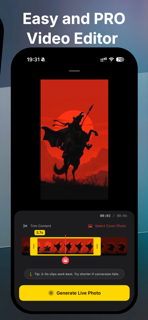 ClipToLive • Live Wallpapers - Interface of the ClipToLive app showing a video editor screen with a silhouette warrior artwork and a button to generate live photos