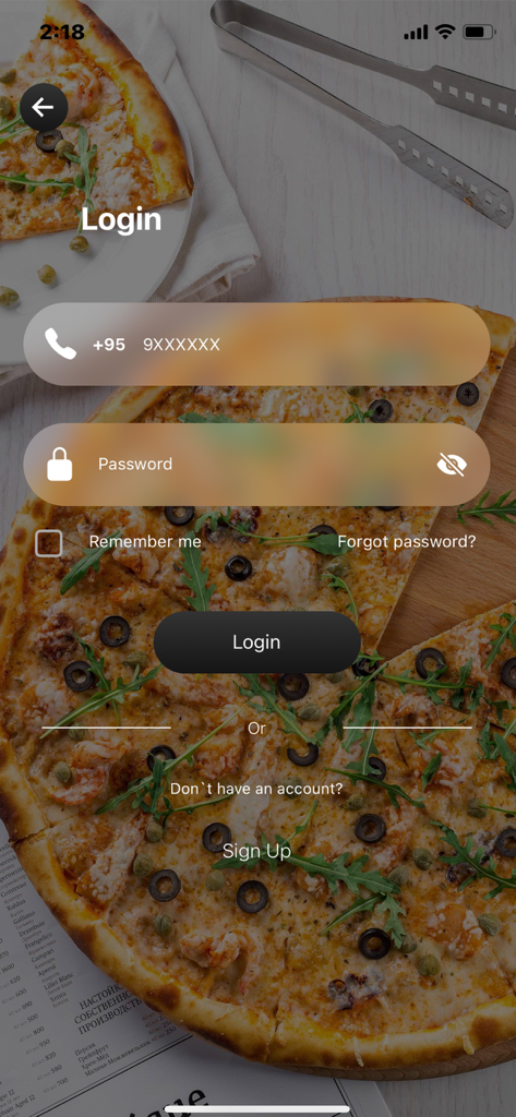 Easy App Myanmar - Login screen for the Easy App Myanmar food delivery service featuring a pizza background and fields for phone number and password.