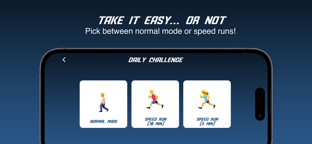 Guess the Spot - GeoGuess Game - Menú de selección para los modos de Desafío Diario, incluyendo Modo Normal y Opciones de Carrera Rápida.