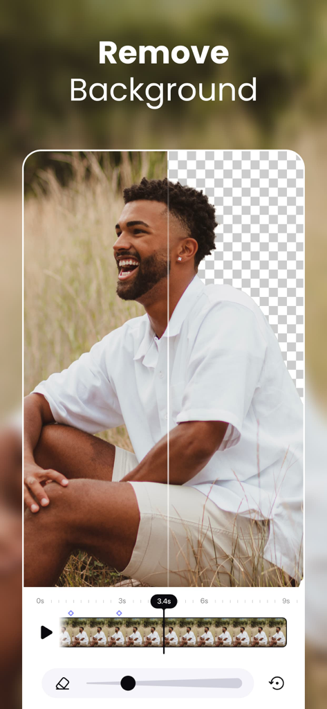 AirVid app interface showing a split-screen comparison of a video with its background removed by AI.