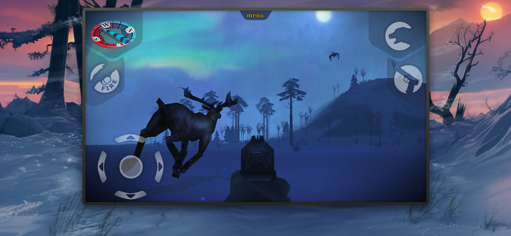 Jugabilidad en primera persona de Carnivores Ice Age Pro mostrando a un cazador rastreando a un animal prehistórico en un paisaje nevado con auroras boreales