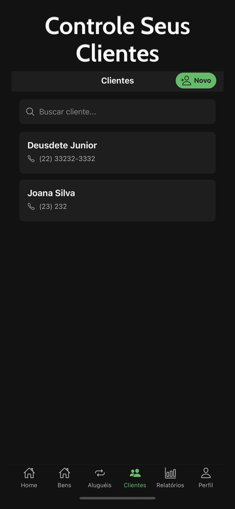 Rental Control: House, Car etc - Pantalla de gestión de clientes que muestra una lista de inquilinos e información de contacto en la aplicación Control de Alquileres