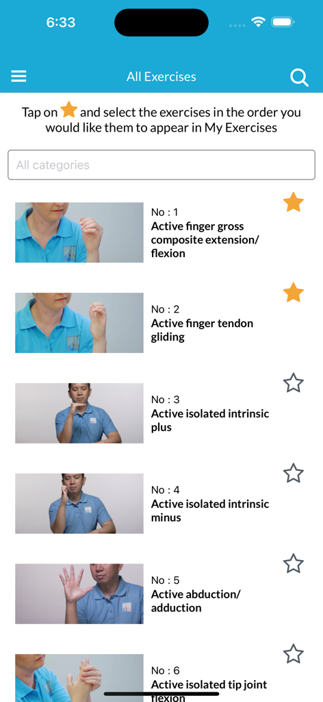 Hand Therapy - The Hand Therapy app interface displaying a list of various hand and finger exercises with video thumbnails and instructional titles.