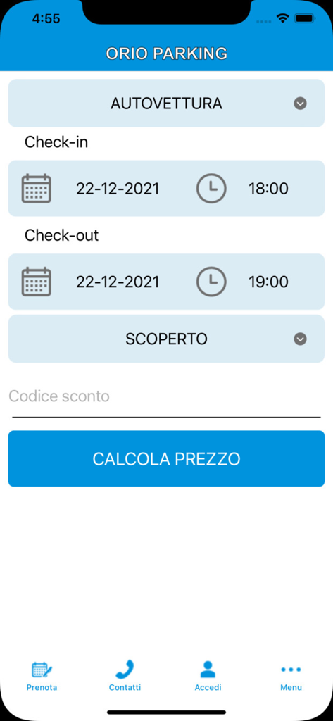Orio Parking - Interfaccia di prenotazione dell'app Orio Parking che mostra la selezione della data e il pulsante di calcolo del prezzo