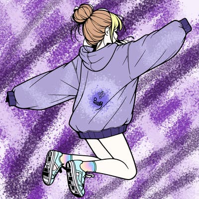 realistic girl jumping with a bun and oversized sweatshirt