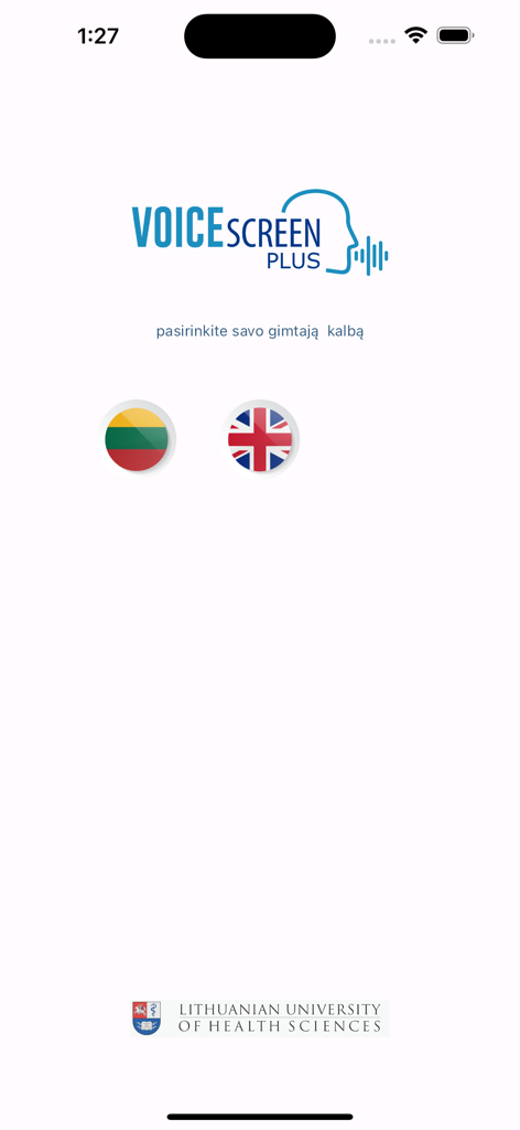 VoiceScreen+ - VoiceScreen plus app start screen showing language selection between Lithuanian and English flags