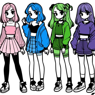 one girl with crop-top shirt and a jacket with a skirt, long socks and another girl with a shirt and pants with a jacket