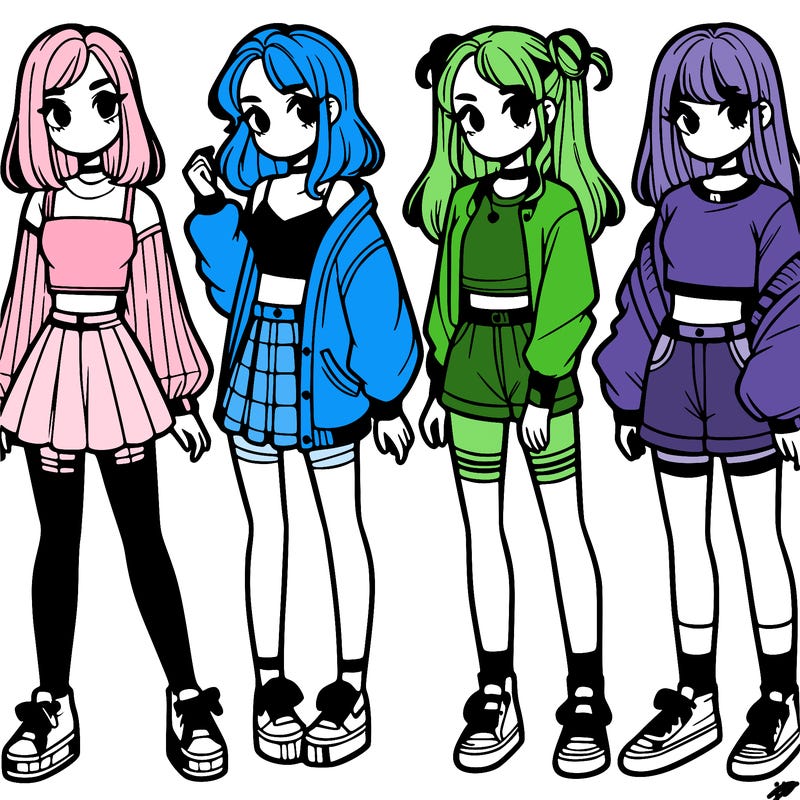 one girl with crop-top shirt and a jacket with a skirt, long socks and another girl with a shirt and pants with a jacket