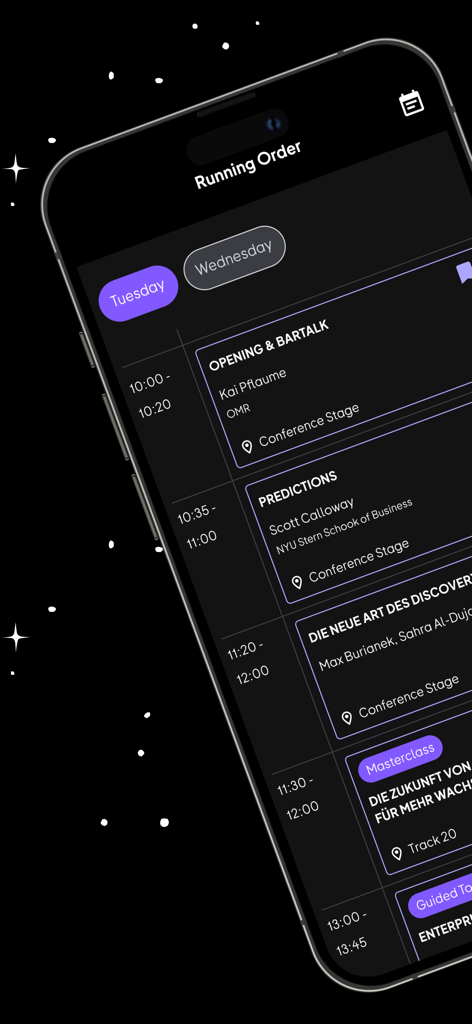 OMR - Interface of the OMR app showing the festival's daily running order and schedule of sessions