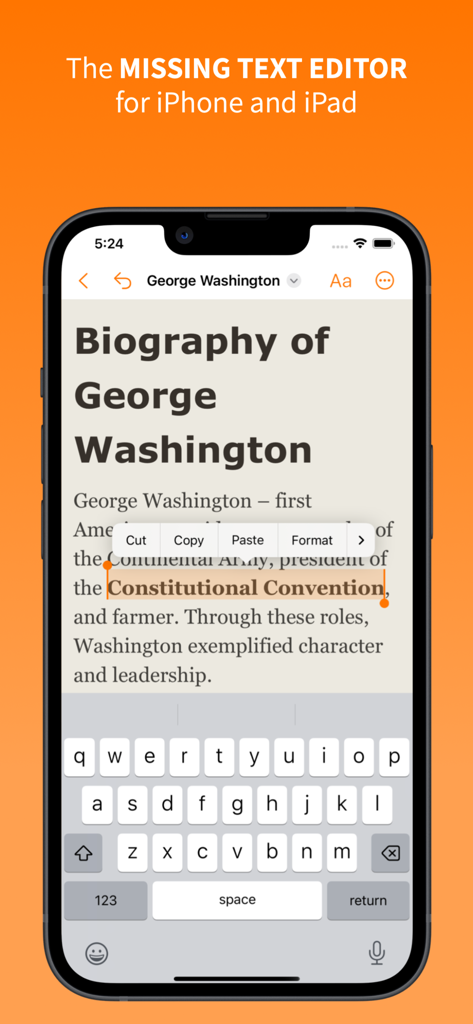 EZText - Text Editor - EZText app on an iPhone editing a rich text biography document with a formatting menu