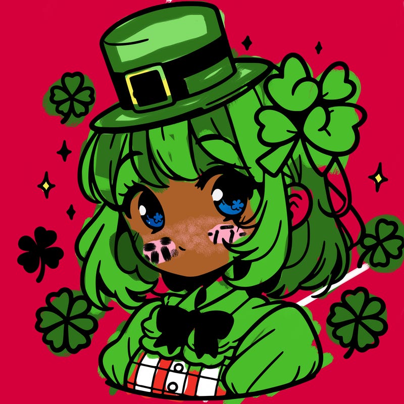 a manga-style girl with clovers around her, a little hat in her hair, like it's saint patrick's day