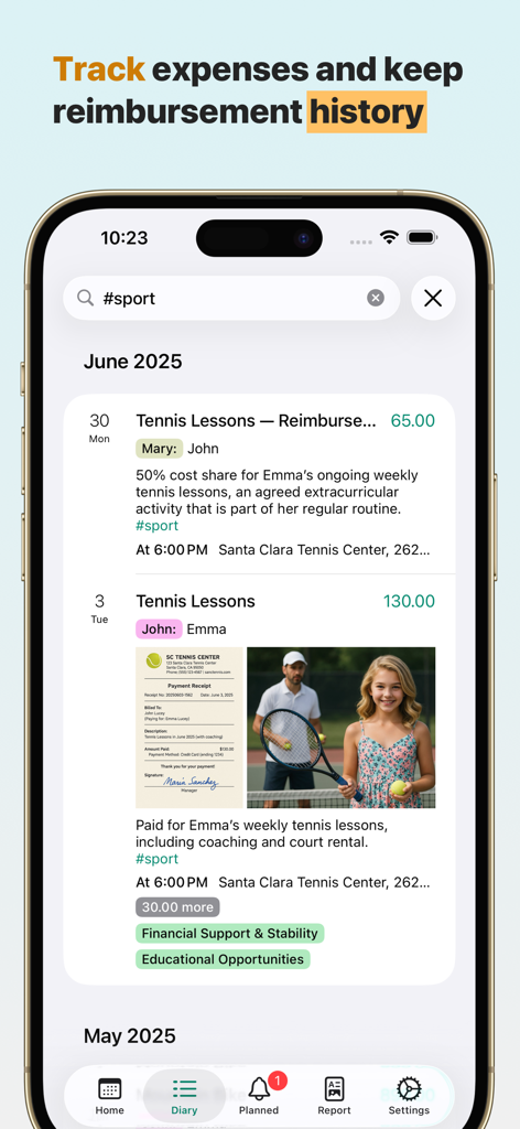 Alimentor 2 app interface showing expense tracking and reimbursement history for co-parenting