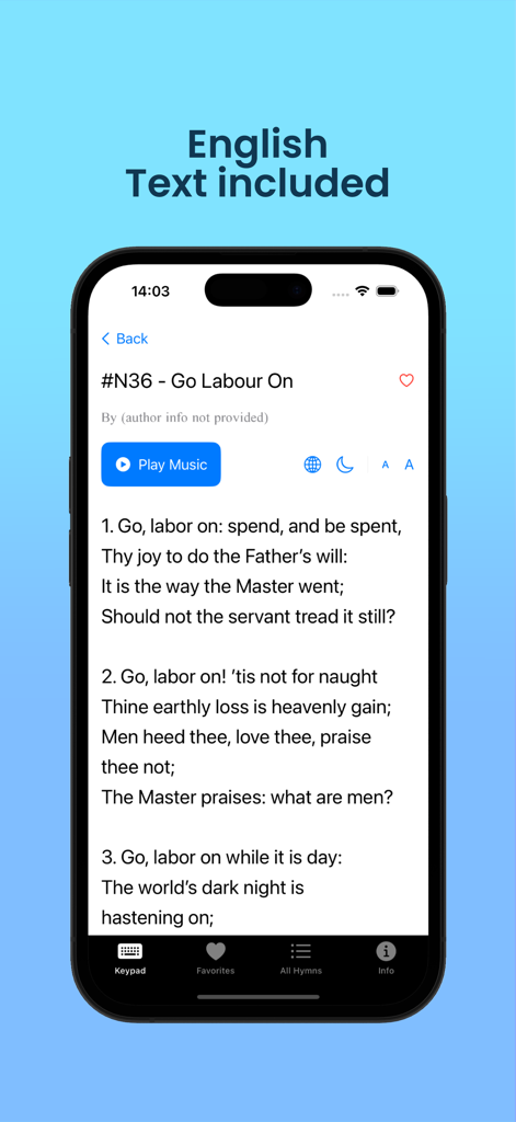 Twi SDA Hymnal - Twi SDA Hymnal app displaying English lyrics for hymn number N36 Go Labour On