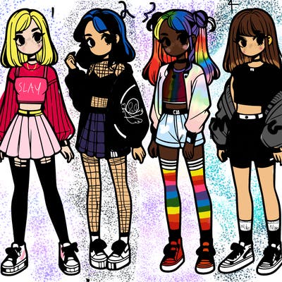 one girl with crop-top shirt and a jacket with a skirt, long socks and another girl with a shirt and pants with a jacket