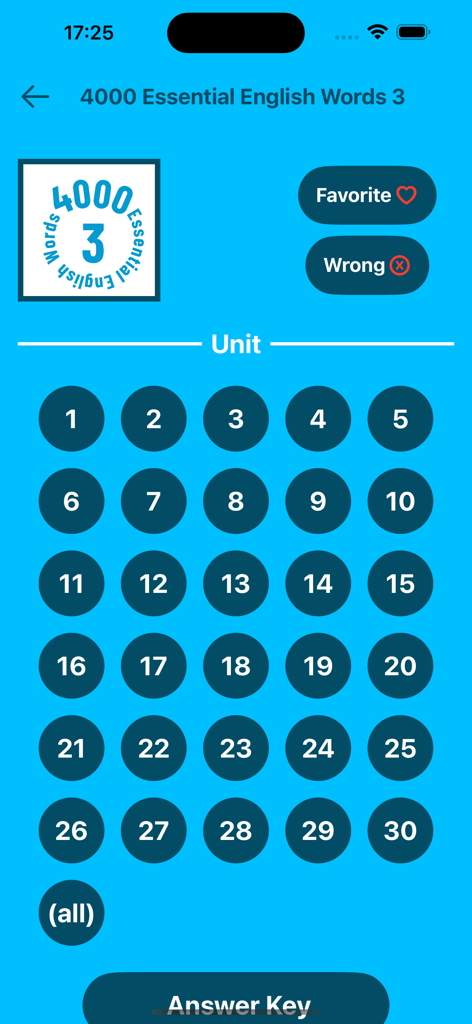 4000 Essential English Words ⑶ - Menú de selección de unidades para la aplicación móvil 4000 Palabras Esenciales en Inglés 3, mostrando las unidades de la uno a la treinta.