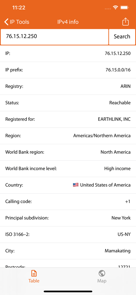 Pantalla detallada de información IPv4 en la aplicación IP Tools que muestra geolocalización y datos del registro de red.