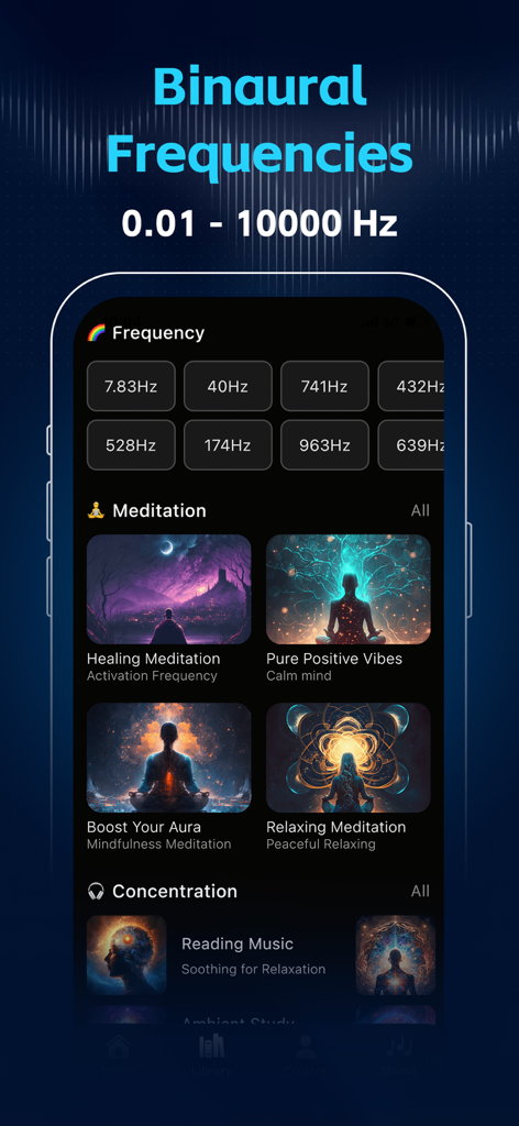 Binaural Beats: Sleep & Focus - Interfaz de la aplicación Binaural Beats que muestra frecuencias y sesiones de meditación seleccionables